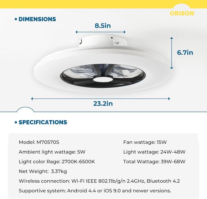 Photo 3 of (READ FULL POST) Orison 23'' Low Profile Ceiling Fan with Light, Ceiling Fans with Lights and Remote, Flush Mount Ceiling Fan with Dimmable LED Lights and 6 Speeds Reversible Blades, App Controlled (Black)