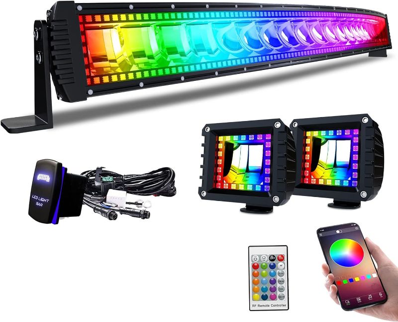 Photo 1 of Lpteso RGBW Curved LED Light Bar 42Inch 240W Flood Spot Combo Beam 2PCS 4 Inch 18W Flood RGB LED Pods with 16 Solid Colors Chasing RGB Halo Ring Changing with Strobe Flashing with Rocker Switch Wiring
