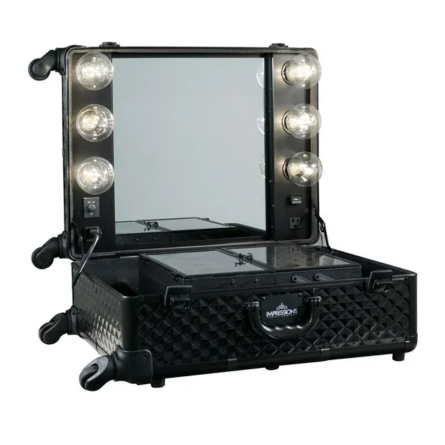 Photo 1 of *DAMAGED SEE PHOTOS* Impressions Vanity Slaycase Pro Vanity Travel Train Case with Stand and LED Bulb, Makeup Organizer Bag with USB Port and Dimmer Switch

