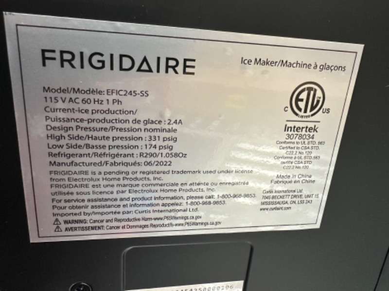 Photo 3 of **SEE NOTES**Frigidaire EFIC245-SS EFIC245 3-in-1 Countertop Crunchy Chewable Nugget Style Dual Ice Crusher and Cube Maker, Makes 33 Pounds in 24 Hours, 2 Sizes, with Water Dispenser and Line-in, Stainless Steel