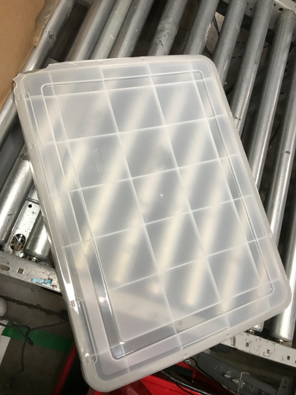 Photo 3 of **MISSING ONE LID** [READ NOTES]
IRIS USA 74 Quart WEATHERPRO Plastic Storage Box with Durable Lid and Seal and Secure Latching Buckles, Weathertight, Clear with Black Buckles, 2 Pack, 585449 74 Qt. - 2 Pack