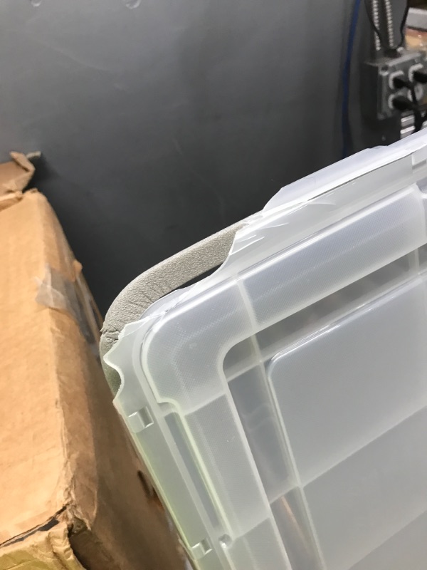 Photo 4 of **MISSING ONE LID** [READ NOTES]
IRIS USA 74 Quart WEATHERPRO Plastic Storage Box with Durable Lid and Seal and Secure Latching Buckles, Weathertight, Clear with Black Buckles, 2 Pack, 585449 74 Qt. - 2 Pack