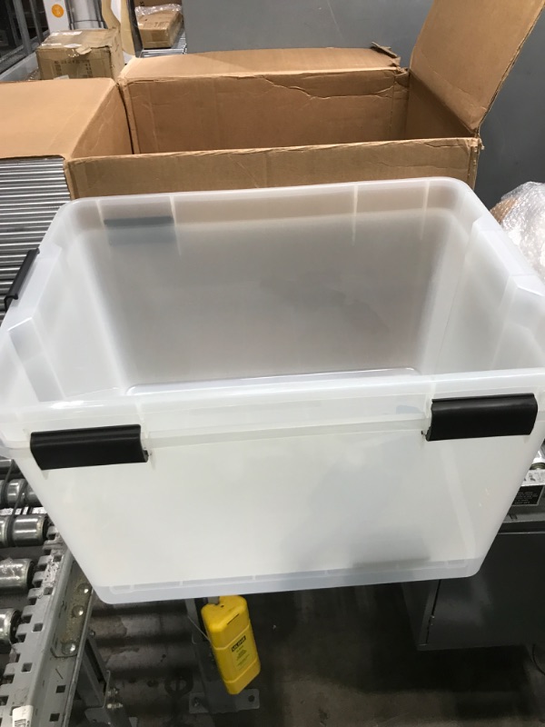 Photo 2 of **MISSING ONE LID** [READ NOTES]
IRIS USA 74 Quart WEATHERPRO Plastic Storage Box with Durable Lid and Seal and Secure Latching Buckles, Weathertight, Clear with Black Buckles, 2 Pack, 585449 74 Qt. - 2 Pack