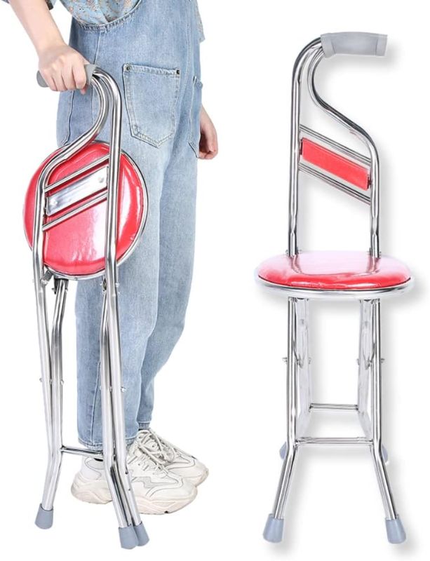 Photo 1 of **NOT EXACT SAME AS STOCK PHOTO** Three Legged Seat Cane, Folding Walking Hand Stick Stool Elderly Stainless Steel Four-Leg Thickening Walking Cane Walking Stick Chair for Elder Gift