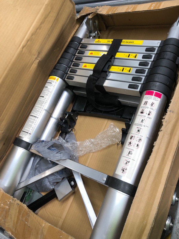 Photo 1 of Telescoping Ladder A Frame, 12.5 Ft Compact Aluminum Extension Ladder, Portable Telescopic RV Ladder for Outdoor Camper Trips Motorhome with Tool Platform and Stabilizer Bar, 330 lb Capacity 12.5FT ( A Frame Ladder)