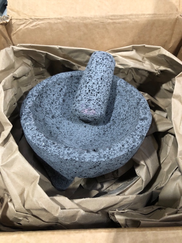 Photo 2 of ** pre opened slightly used ** YOPIDO MX, Mortar and Pestle Set Mixing Bowls Garlic Mincer,Mexican Handmade with Lavastone,Pill Crusher and Spice Grinder Molcajete 6 in,Volcanic Stone 6 In.