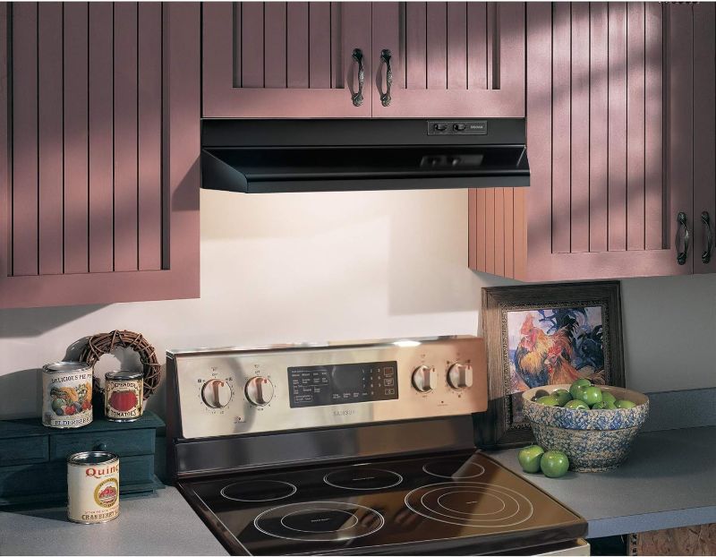 Photo 4 of **Parts Only***Broan-NuTone F403023 30-inch Under-Cabinet 4-Way Convertible Range Hood with 2-Speed Exhaust Fan and Light, Black Black 30-Inch Range Hood