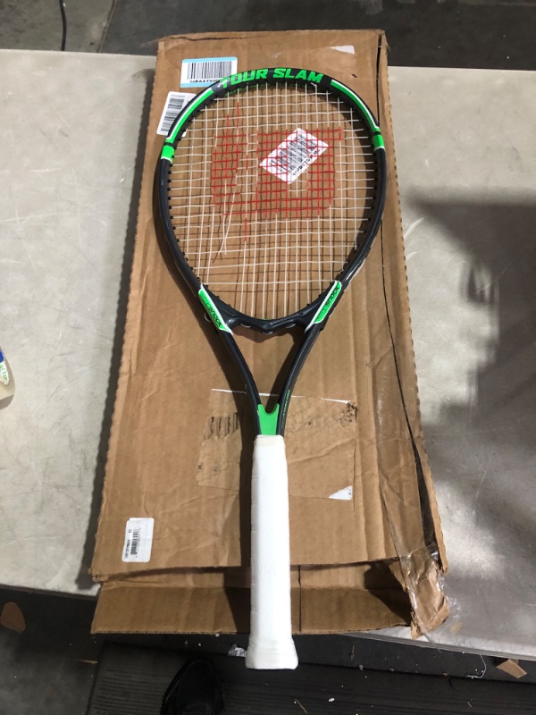 Photo 3 of ***DAMAGED - STRINGS BROKEN***
WILSON Adult Recreational Rackets Tennis' Grey/Green Grip Size 2 - 4 1/4" Tour Slam Racket