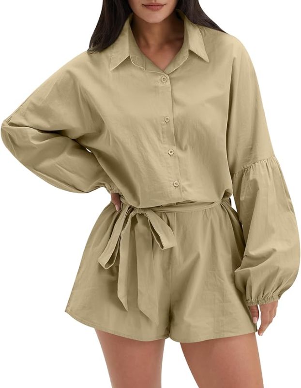 Photo 1 of DEEP SELF Women Casual Romper V Neck Long Sleeve Button Down Collared Tie Waist Front Belted Shorts Jumpsuit with Pockets- SIZE S 
