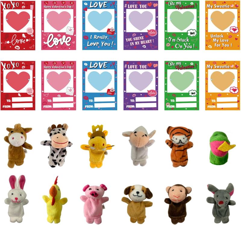 Photo 1 of 12 Pack Valentines Day Cards for Kids with Animal Finger Puppet for Kids Valentine Theme Gifts Greeting Cards School Classroom Exchange Prizes Party Favors for Boys & Girls
