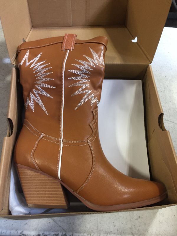 Photo 1 of Coutgo Womens Western Cowboy Knee High Boots Wide Calf Chunky Stack Heel Pointed Toe Cowgirl Embroidered Mid-Calf Boots 8.5 Brown