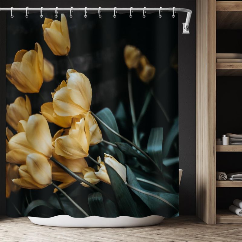 Photo 1 of Yellow Tulip Shower Curtain Floral Shower Curtain Set for Bathroom Aesthetic Flower Bath Curtains Waterproof Polyester Fabric Whit 12 Hooks 72x72 Inch
