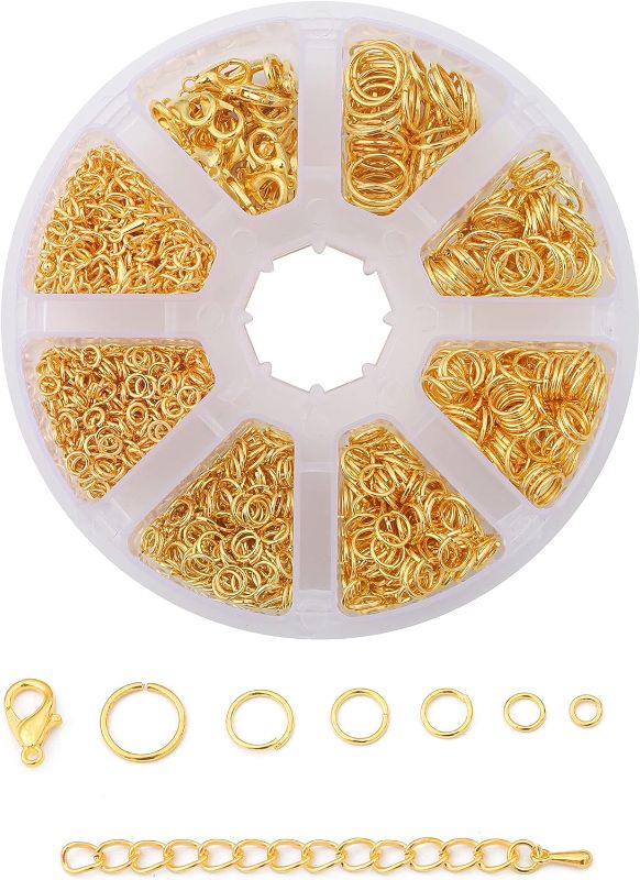 Photo 1 of Gold Jump Rings and Lobster Clasps for Jewelry Making Chain Extension Tails 1380 Pcs 4/5/6/7/8/10mm Open Jump Rings for Necklace Repair(Gold)
