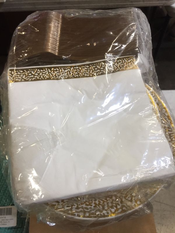 Photo 1 of 300 Piece Gold Paper Dinnerware Set for 50 Guests, Disposable Plates for Party, Made of 400G Cardboard, 50 Dinner Plates, 50 Napkins, 50 Dessert Plates, 50 Tableware Set