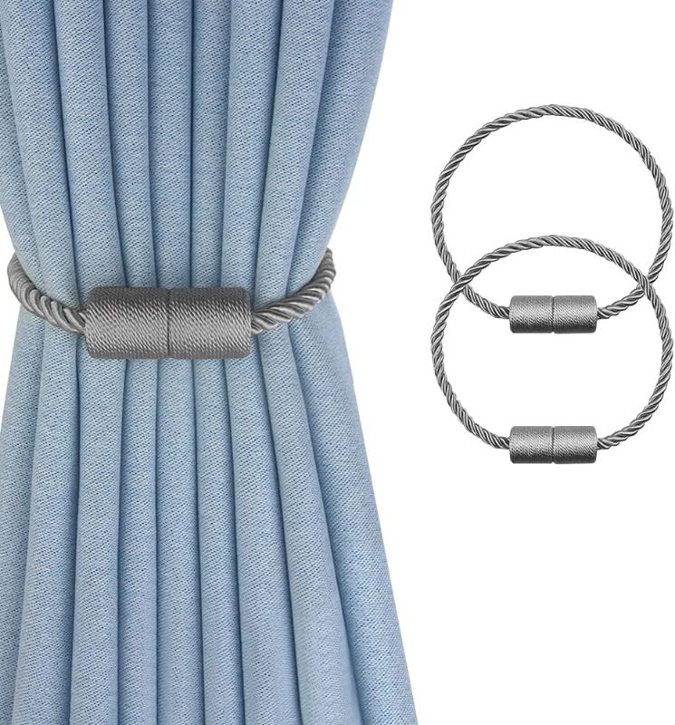 Photo 1 of 2 Pack Strong Magnetic Curtain Tiebacks Outdoor Decorative Tie Backs Modern Rope Tiebacks Modern Handmade Tie Backs Decorative Curtain Holdbacks for raperies-Grey

