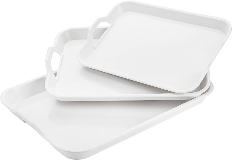 Photo 1 of YOUEON Set of 3 Melamine Serving Tray with Handles, 17"/15"/13" White Rectangular Serving Platters, Coffee Table Tray, Serving Trays for Entertaining, Party, Appetizer, Buffet, Dishwasher Safe
