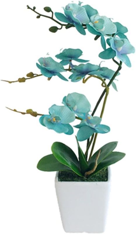 Photo 1 of 15 Inches Tall Artificial Silk Phalaenopsis Orchid Flower Plant Pot Teal Arrangements (Golden Blue)
