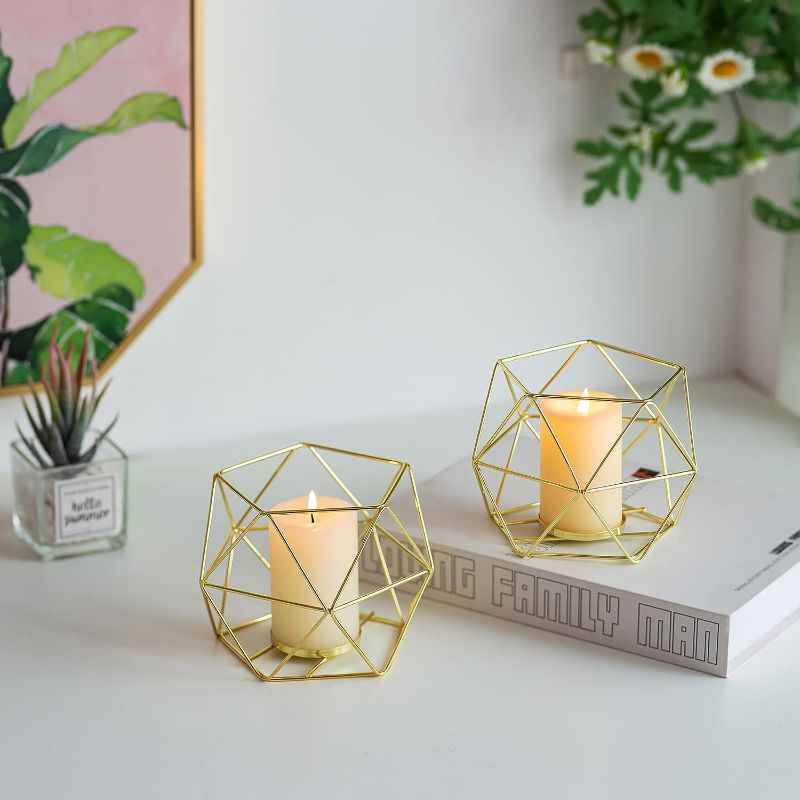 Photo 1 of  Tealight Candle Holders Gold - Votive Candle Stand Accents for Tea Light Decorative for Home Table Shelf Mantel Modern Geo Decoration Christmas Wedding Reception Décor, Gold, 4pcs