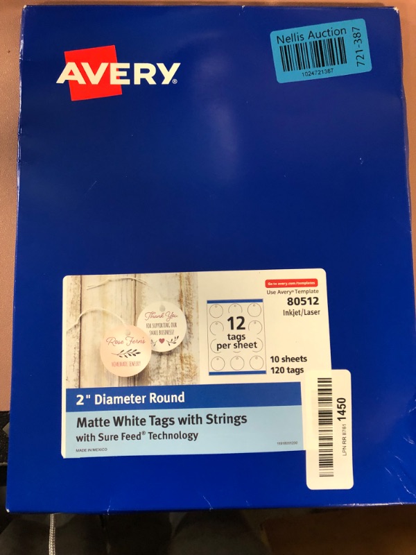 Photo 2 of Avery Round Tags with Sure Feed Technology, 2" Diameter, Matte White, 120 Round Tags with Strings, Print-to-The-Edge, Laser/Inkjet Printable Tags (80512) Matte White 2" 120 Tags Label