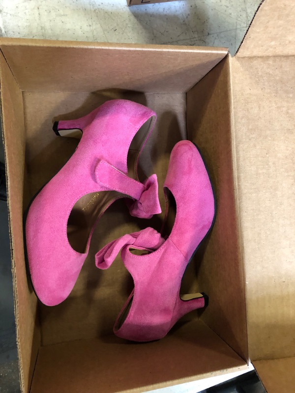 Photo 1 of LIURUIJIA Women's Bow Mary Jane Kitten Heel Pumps Round Toe Low Heels Ankle Strap Wedding Dress Evening Party Shoes 8 Hot Pink