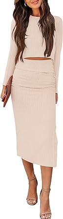 Photo 1 of PRETTYGARDEN Womens 2024 Fall 2 Piece Outfits Track Suits Long Sleeve Crop Tops Bodycon Midi Skirt Slit Dress Matching Sets
