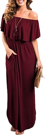 Photo 1 of Sarin Mathews Womens Off The Shoulder Ruffle Party Dress Casual Side Split Beach Long Maxi Dresses with Pockets
