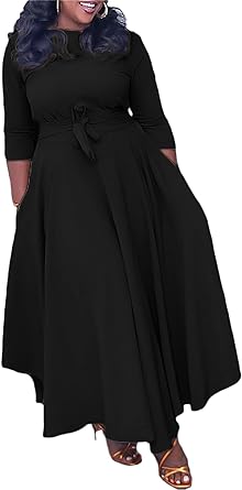 Photo 1 of Casual Floral Print Plus Size Maxi Dress for Women 3/4 Sleeve High Waist Flowy Ruffle Fall Dresses with Belt
