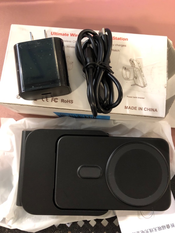 Photo 1 of 3 in 1 Wireless Charging Station, Foldable Fast Charging Stand with 5000mAh Mag-Safe Portable Battery Bank for iPhone 15/14/13/12, for Apple Watch 9/8/7/6/5/4/3/2/SE, for AirPods 2/3/Pro (Black)