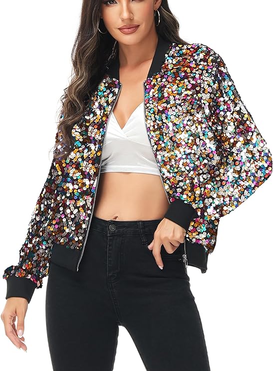 Photo 1 of Anna-Kaci Womens Sequin Long Sleeve Front Zip Jacket with Ribbed Cuffs- SIZE XXL 
