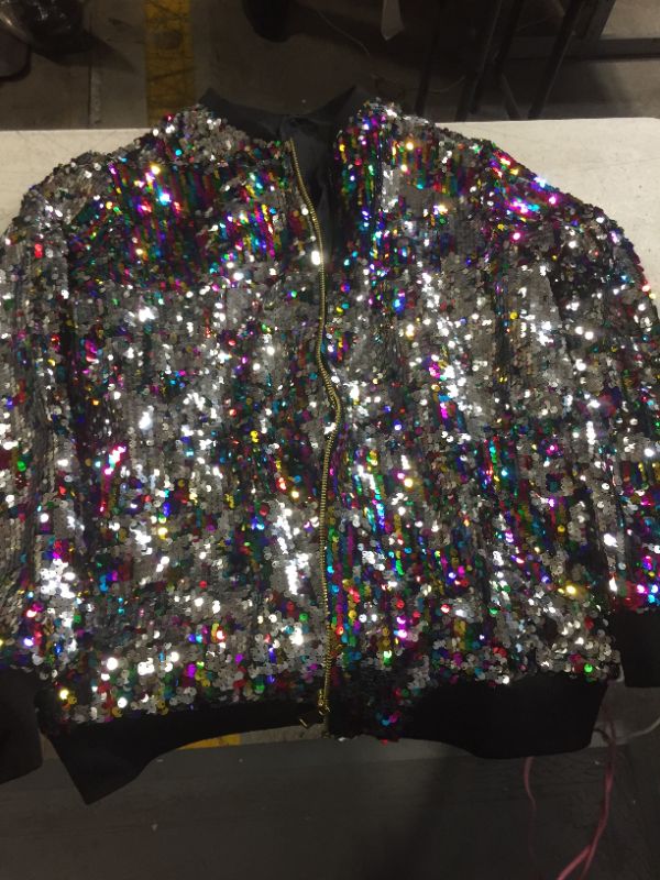 Photo 2 of Anna-Kaci Womens Sequin Long Sleeve Front Zip Jacket with Ribbed Cuffs- SIZE XXL 
