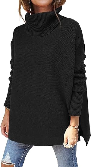 Photo 1 of  Women's Turtleneck Oversized Sweaters 2023 Fall Long Batwing Sleeve Spilt Hem Tunic Pullover Sweater Knit Tops- SIZE XL 
