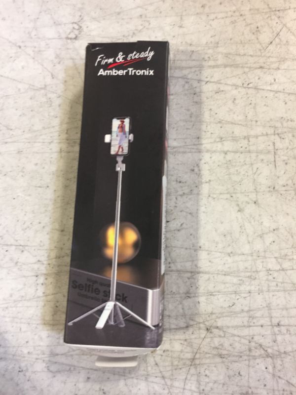 Photo 2 of Ambertronix 40” Selfie Stick Tripod Quadrapod, Onboard Light, Wireless Bluetooth Remote, Extendable, Stainless Steel, 3 Light Modes, 9 Brightness Levels, Compatible with All iPhone & Android Devices Chrome