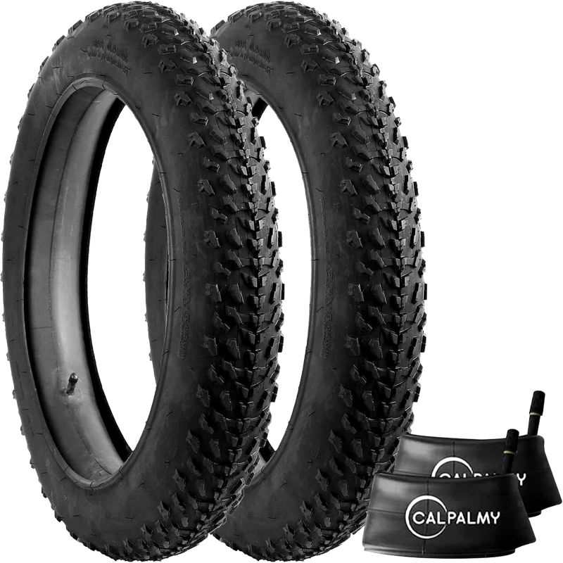 Photo 1 of (Combo Pack) CALPALMY 20x4” Fat Bike Tire and Tube - 2 Bike Tires + 2 Bike Tubes AV 32mm Valve for Fat Tire Mountain Bikes and Fat Tire E-Bikes - Knobby Tire Tread for On and Off-Road Use
