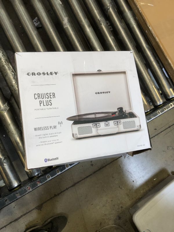 Photo 2 of Crosley CR8005F-WS Cruiser Plus Vintage 3-Speed Bluetooth in/Out Suitcase Vinyl Record Player Turntable, White Sand Bluetooth In/Out White Sand