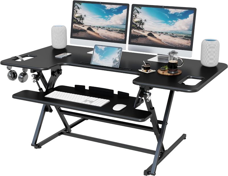 Photo 1 of Standing Desk Converter, 47 x 24 Inches Height Adjustable Sit Stand Desk Riser for Dual Monitors with Keyboard Tray, Black, 47"
