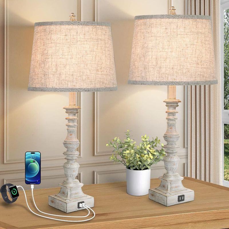 Photo 1 of  Set of 2 Farmhouse Table Lamps, 27.5'' Tall Rustic Bedside Lamps with 2 USB Ports, Beige Fabric Shade Nightstand Lamp, White Resin Desk Lamp with Rotary Switch for Living Room, Bedroom, Office
 