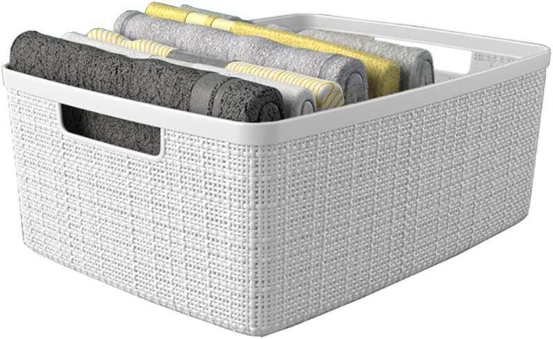 Photo 1 of  Jute Medium Decorative Plastic Organization and Storage Basket Perfect Bin for Home Office, Closet Shelves, Kitchen Pantry and All Bedroom Essentials, WHITE Medium