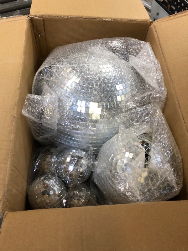 Photo 2 of 40 Pack Mirror Disco Ball in Variety Silver Hanging Glass Mirror Ball Light Ball with String Disco Hanging Ornament for Club Stage Bar Birthday 70s Party Decoration (12/ 6 / 3/ 2/ 1.2 Inch)