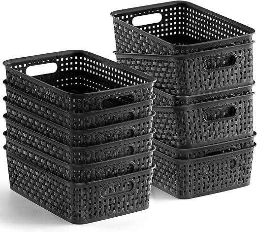 Photo 1 of [ 12 Pack ] Plastic Storage Baskets - Small Pantry Organization and Storage Bins - Household Organizers for Laundry Room, Bathrooms, Kitchens, Cabinets, Countertop, Under Sink or On Shelves - Black
