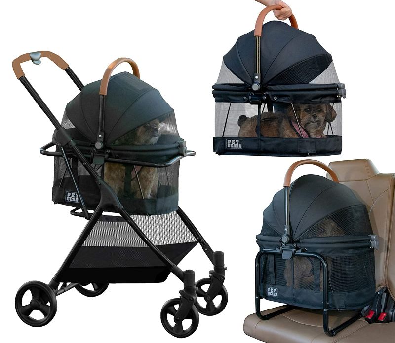 Photo 1 of 3 in 1 Folding Dog Stroller, Pet Folding Stroller, 4 Wheels Dog/Cat Puppy Stroller w/Removable Travel Carrier for Small/Medium Pet, Waterproof Pad, Car Seat, Sun Shade 3 in 1 Black  and brown Medium