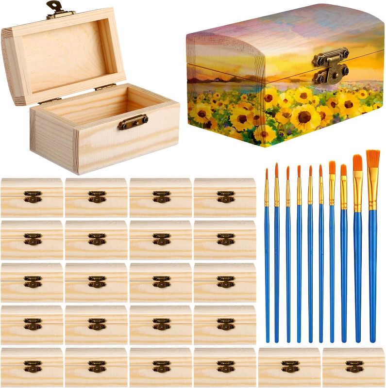 Photo 1 of 24 Pack Unfinished Wood Treasure Chest with 10 Paintbrushes, Small Treasure Box Wooden Craft Boxes with Locking Clasp Wooden Storage Box for DIY Project Party Favor Jewelry Box, 3.5 x 2.2 x 1.8 Inch
