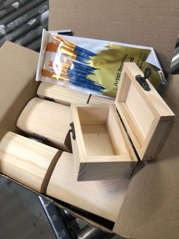 Photo 2 of 24 Pack Unfinished Wood Treasure Chest with 10 Paintbrushes, Small Treasure Box Wooden Craft Boxes with Locking Clasp Wooden Storage Box for DIY Project Party Favor Jewelry Box, 3.5 x 2.2 x 1.8 Inch
