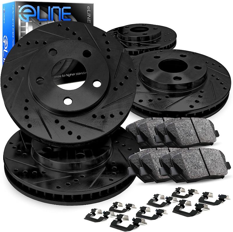 Photo 1 of R1 Concepts Full Kit Front Rear Black Drilled and Slotted Brake Rotors with Ceramic Pads and Hardware Kit Compatible For 2017-2020 Acura MDX
