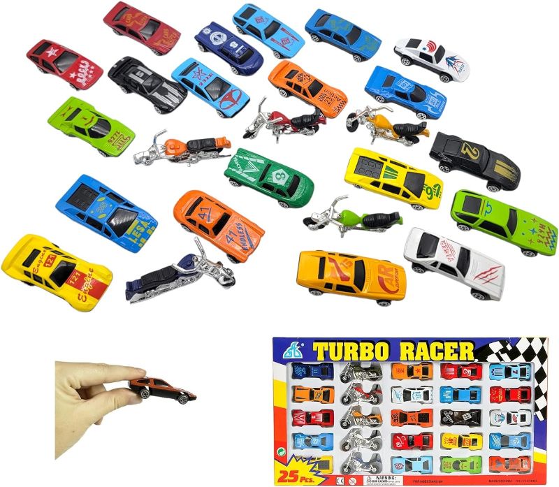 Photo 1 of Diecast Race Car and Motorcycle Set Turbo Racer (25 Pieces) Plastic Die-Cast Motorbike and Metal Cars Toys for Kids in a Display Window Box
