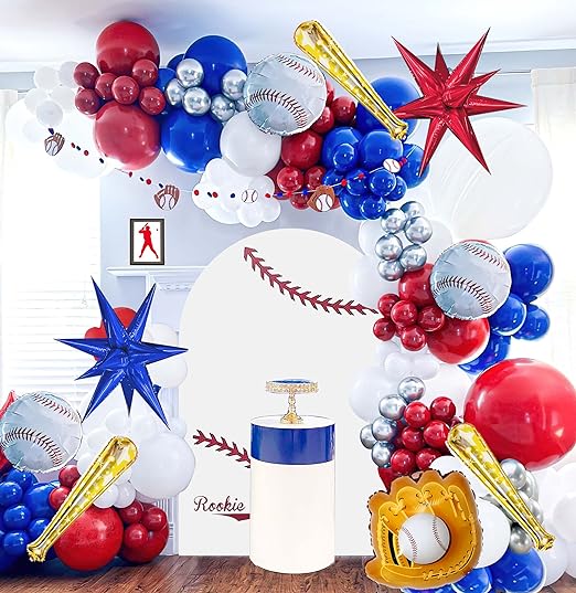 Photo 1 of Baseball Balloon Garland Arch Kit Party Decorations, 142Pcs Red White Blue Silver Balloons Baseball Foil, Baseball Glove, Baseball Bat, Star Balloon for Birthday Baby Shower Rookie Year Supplies