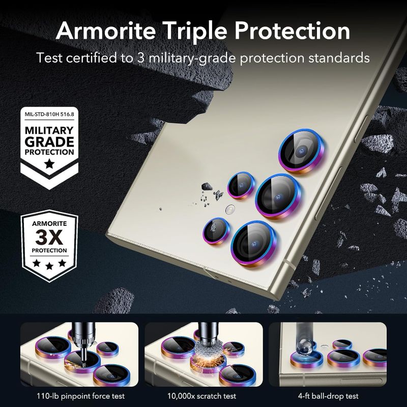 Photo 1 of ESR for Samsung Galaxy S24 Ultra Camera Lens Protector, Individual Lens Protectors, Scratch-Resistant Ultra-Thin Tempered Glass with Aluminum Edging, Galaxy S24 Ultra Case Friendly, 1 Set, Chromatic
