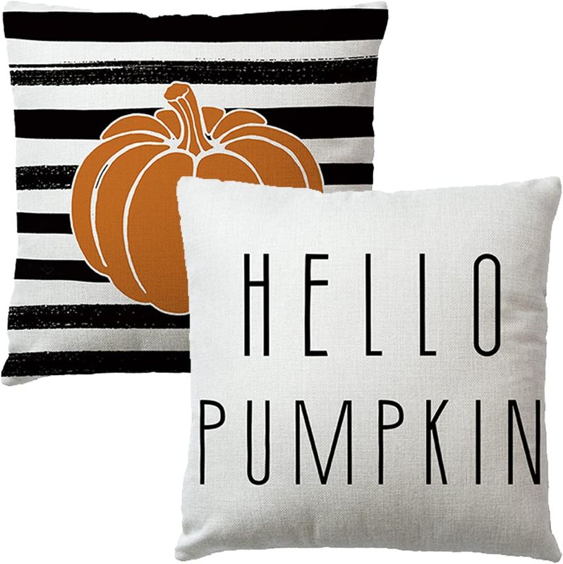 Photo 1 of 2Pack Hello Pumpkin Throw Pillow Covers Watercolor Stripes Pumpkin Cushion Cover Farmhouse Autumn Harvest Pumpkin Home Decor Pillowcases 18”×18”for Fall Thanksgiving
