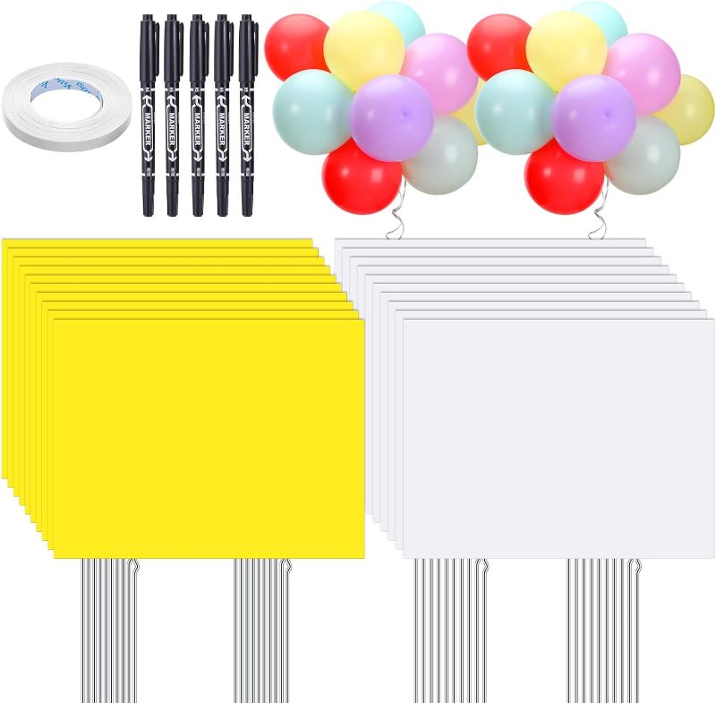 Photo 1 of 20 Pcs Blank Yard Signs with Stakes 17x13 Inch White Yellow Yard Sale Sign Double Sided Plastic Lawn Signs Garage Sale Sign with 20 Markers and 40 Balloons for Guidepost, Open House, Party Decor
