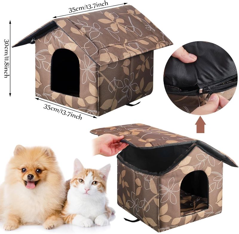 Photo 1 of 2 Pcs Feral Cat Shelter Outdoor Cat House Weatherproof and Insulated Foldable Cotton Filled Thicken Stray Cat Dog Tent Shelter with 6 Tent Stakes for Wild Animal Easy to Assemble(Leaves, Small)
