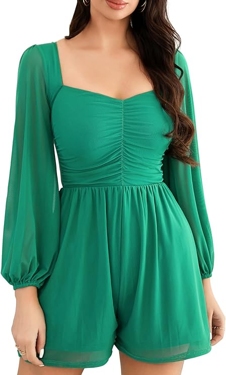 Photo 1 of FANTOYE Women's Rompers Ruched Lantern Long Sleeve One Piece Outfit Solid Square Neck Shorts Jumpsuit- XL 
